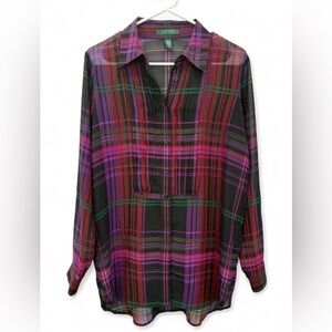 Lauren Ralph Lauren Plaid Button Down Pintuck Tunic Medium Lightweight SemiSheer